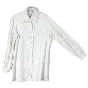 ANNE FONTAINE Shirt Tunic 42~M White Linen Wavy-Stripes-Appliqué Puffed-Long-Slv